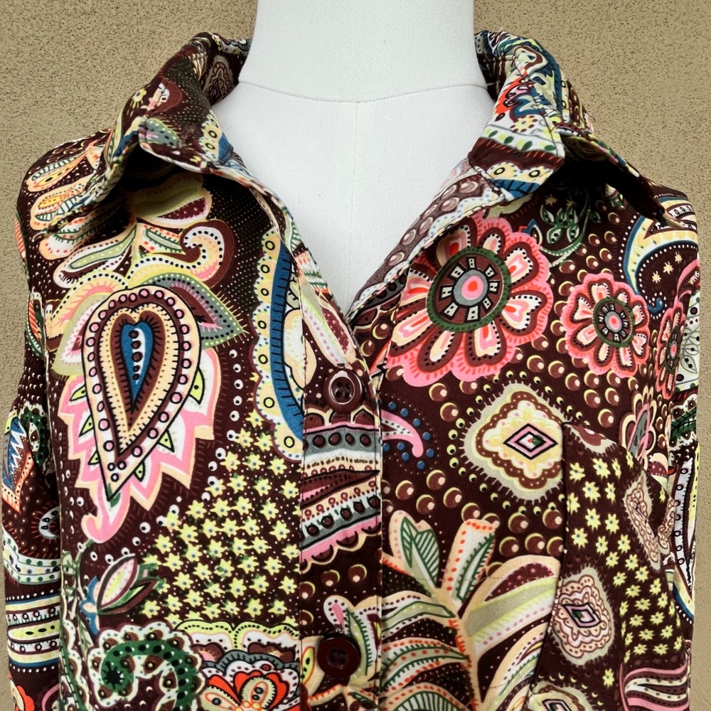 Nasty Gal Collection Paisley Floral Button Down Shirt Brown Orange Retro Size M